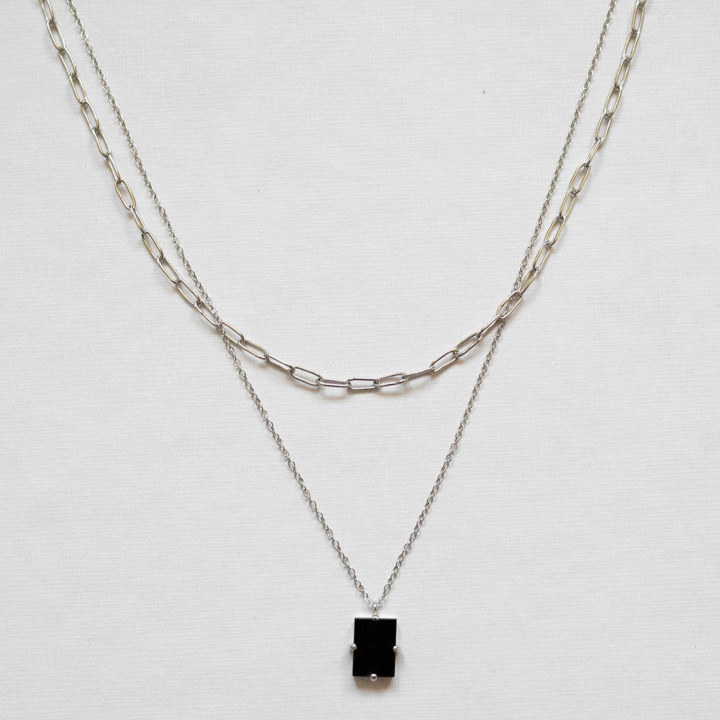 Black tourmaline paperclip layered necklace with 16-inch sterling silver necklace adorned with a glamorous black tourmaline pendant - rhodium