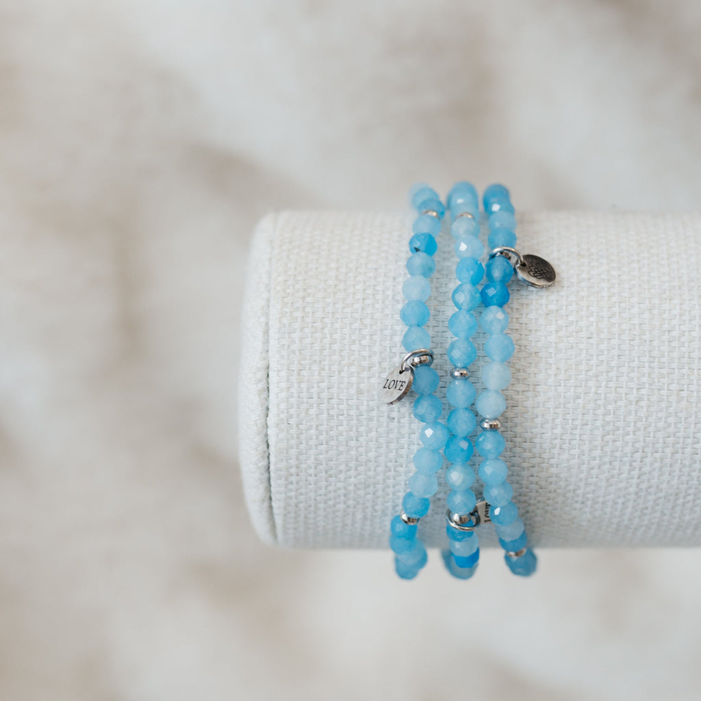 Blue aquamarine 4mm beaded bracelet with stainless steel