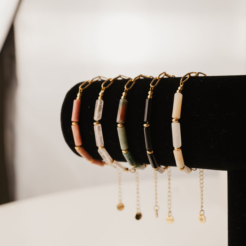 rhodochrosite, rose quartz, indian agate gold bracelets