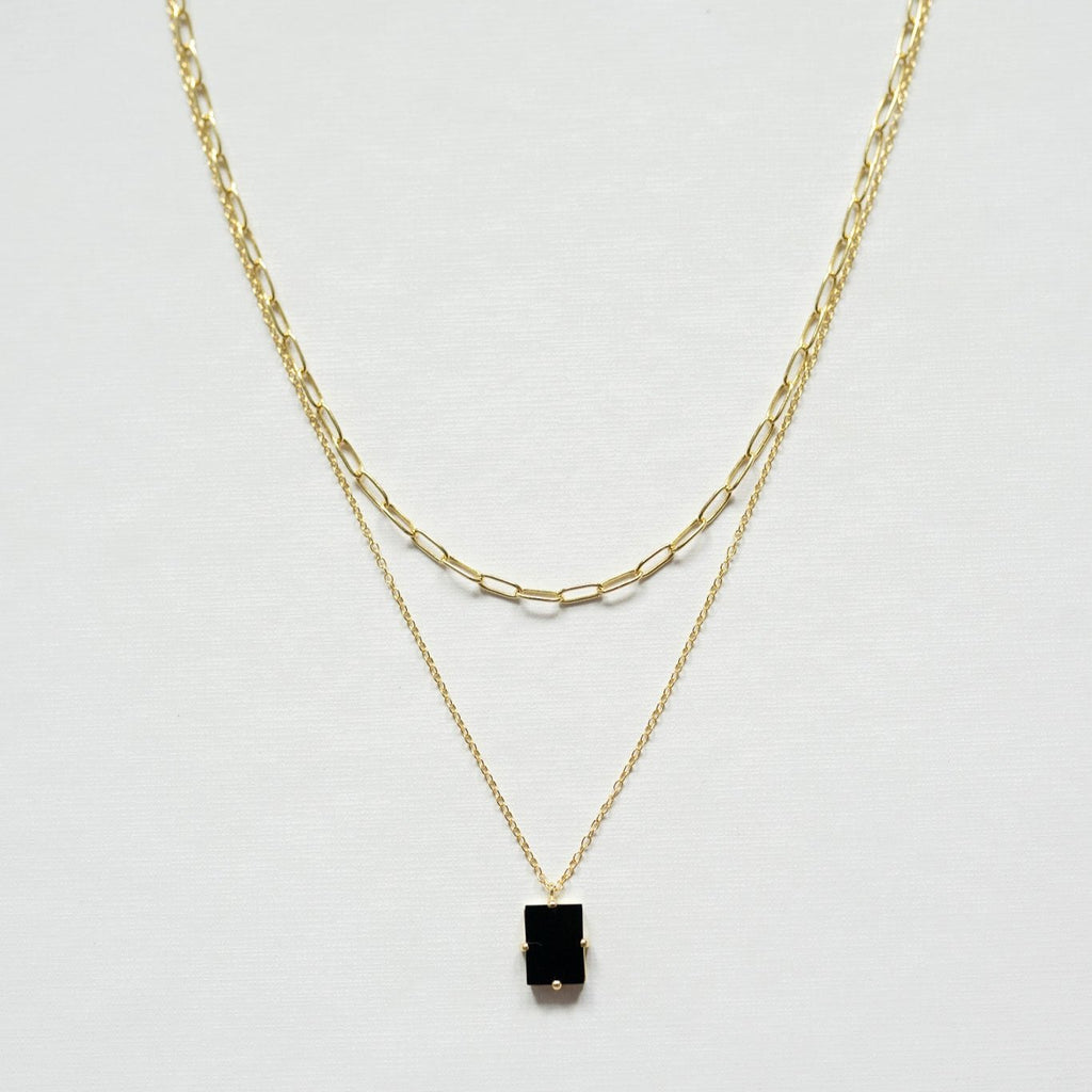 Black tourmaline paperclip layered necklace with 16-inch sterling silver necklace adorned with a glamorous black tourmaline pendant - gold