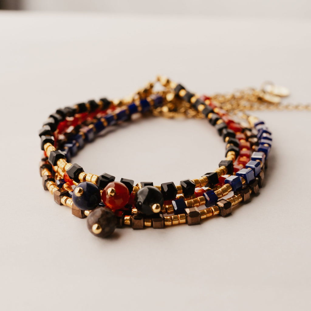 Black, red, brown and blue beaded gemstone stainless steel bracelets