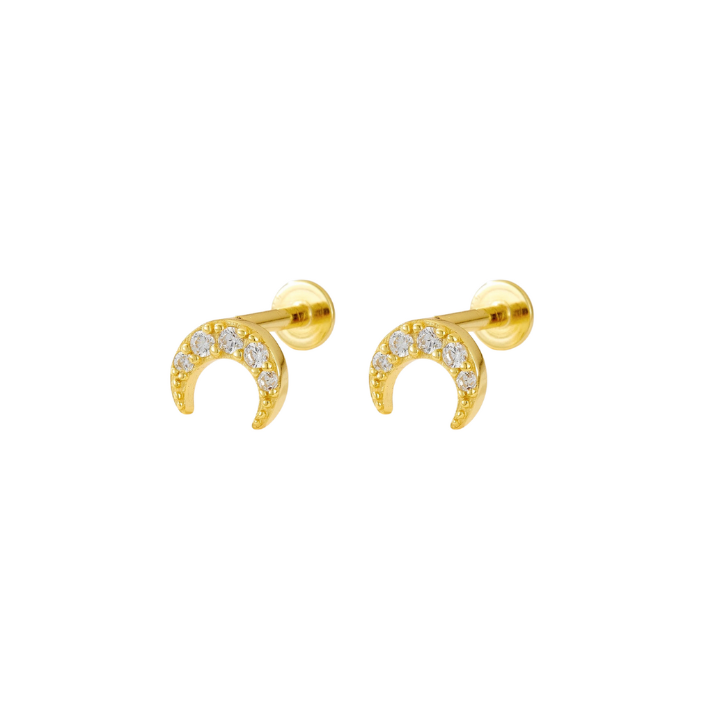 14K Gold Sterling Silver Mini Moon Studs with Cubic Zirconia