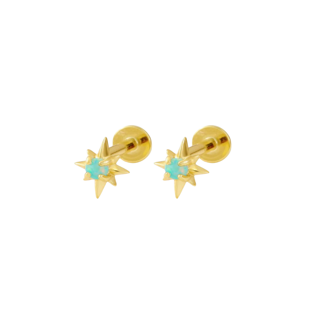 Mini 14K Gold Plated Sterling Silver Star Burst Studs with Turquoise Stone