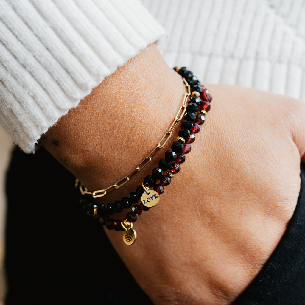 Garnet and Black Onyx Faceted Beaded Bracelet